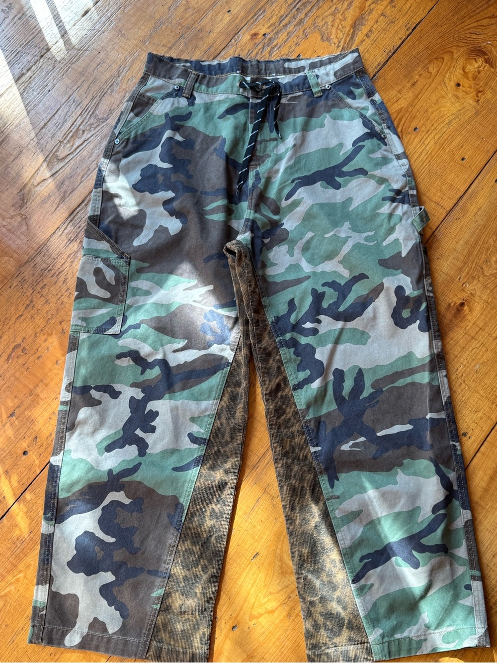 Custom Camouflage Drawstring Cargo Pants - Green Camo with Leopard Detail on Leg
